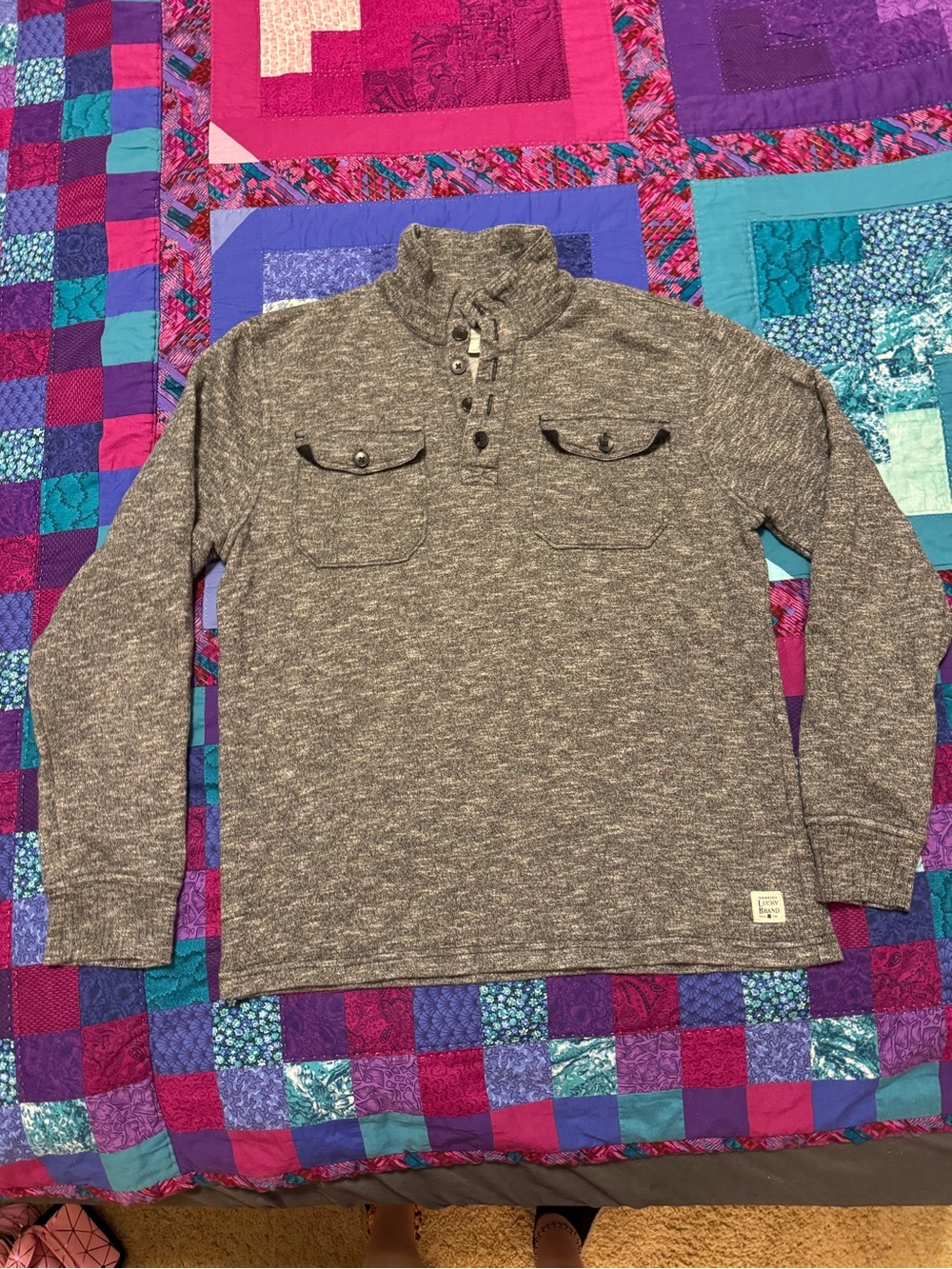 Lucky Brand Boys' Marled Gray Henley Pullover Sweatshirt